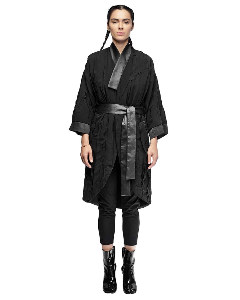 Linear Crushed Technique Long Kimono Coat