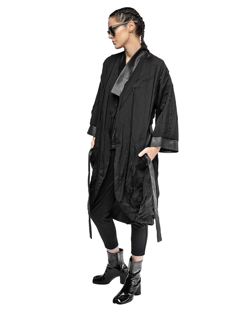 Linear Crushed Technique Long Kimono Coat