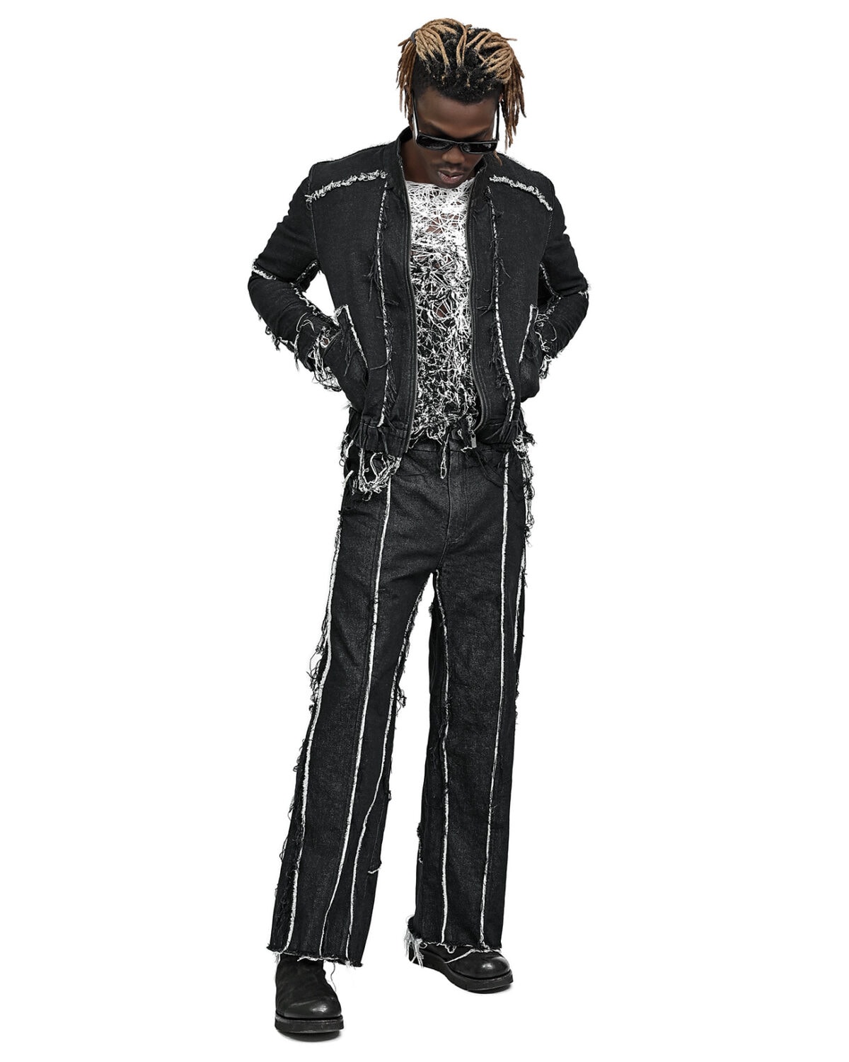 String Denim Raw Edge Trousers