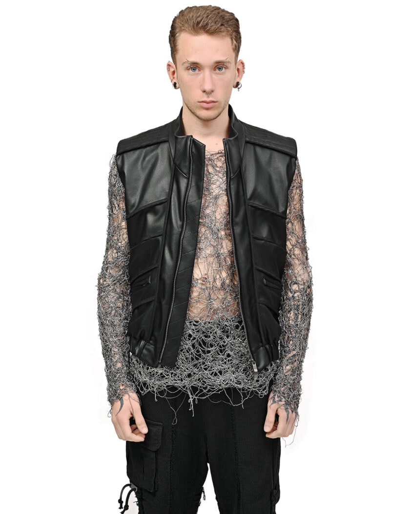 Particle Cut Leather Biker Vest